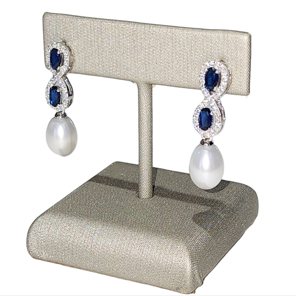 Jewelry - 925S Blue Gemstones Stud Earrings With Cultured Freshwater Pearl and Zirconia